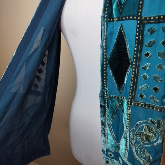 Teal Crushed Velvet Scarf Paisley Floral Geometric Sheer 58" x 9.5" - Picture 11 of 13